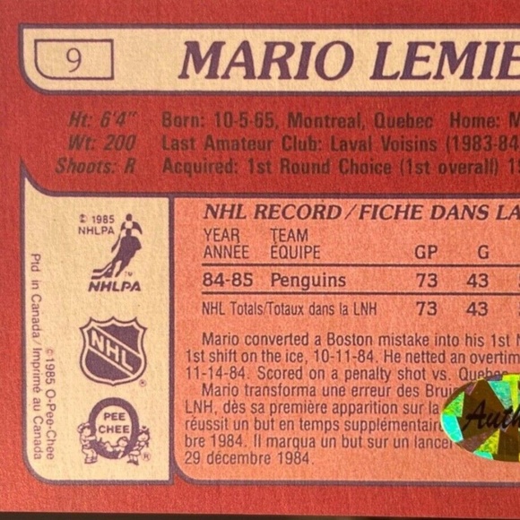 1985 Topps Mario Lemieux #9 Signed Autographed Rookie Authentic by IN THE ZONE - Picture 3 of 5